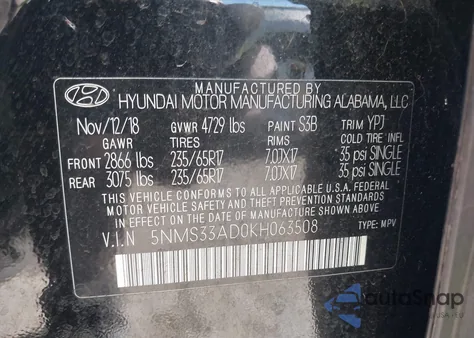 2019 Hyundai Santa Fe Sel из США, поврежденный, VIN 5NMS33AD0KH063508